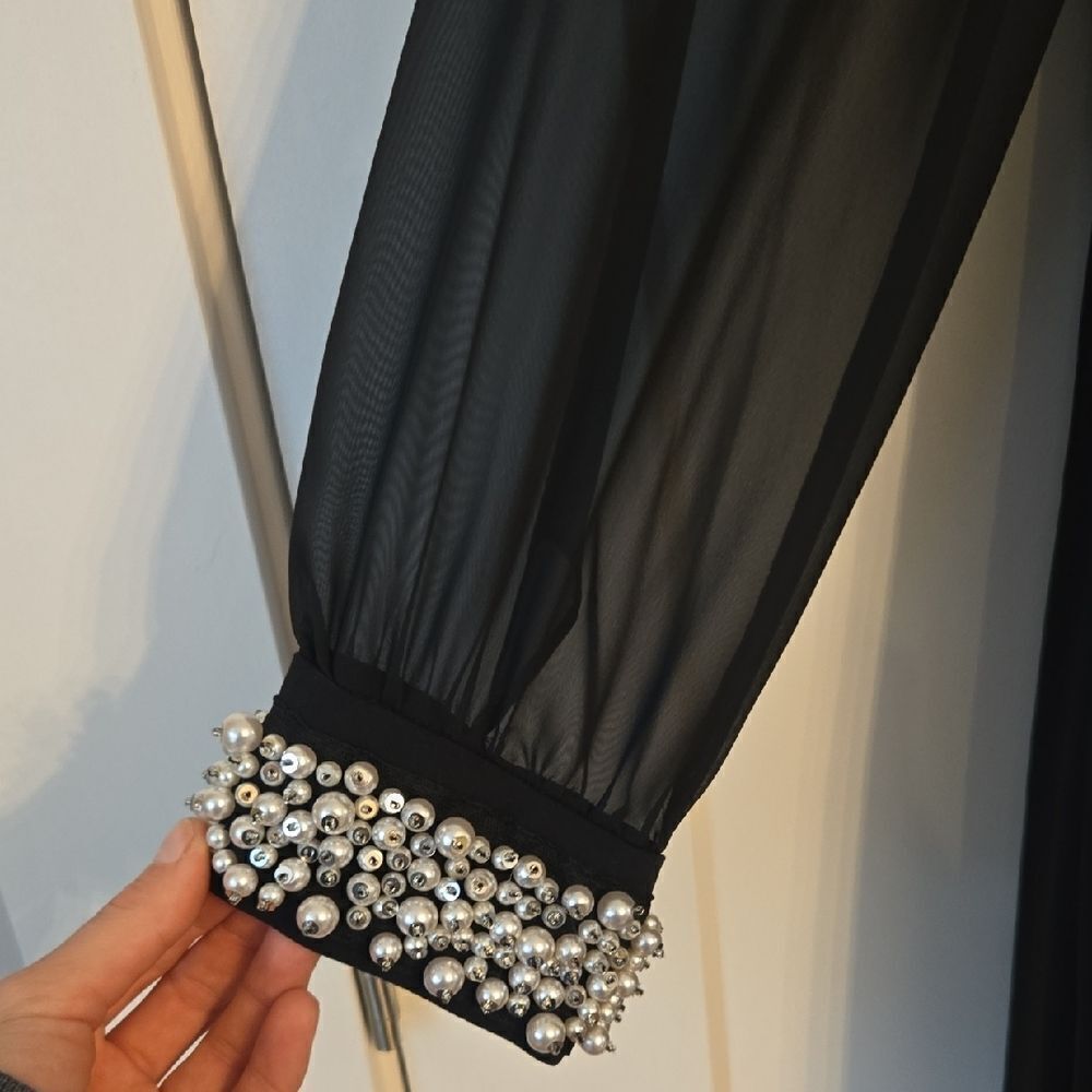 SLNY Black Sheath Dress with Embellished Sleeves And Mock Neck - Picture 3 of 4